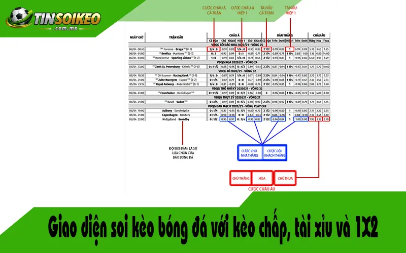 Giao diện soi kèo bóng đá với kèo chấp, tài xỉu và 1X2